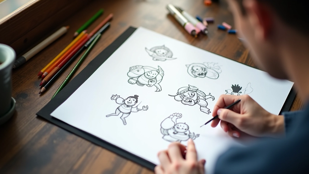 Person sketching game character designs on paper with colored pencils at creative workspace