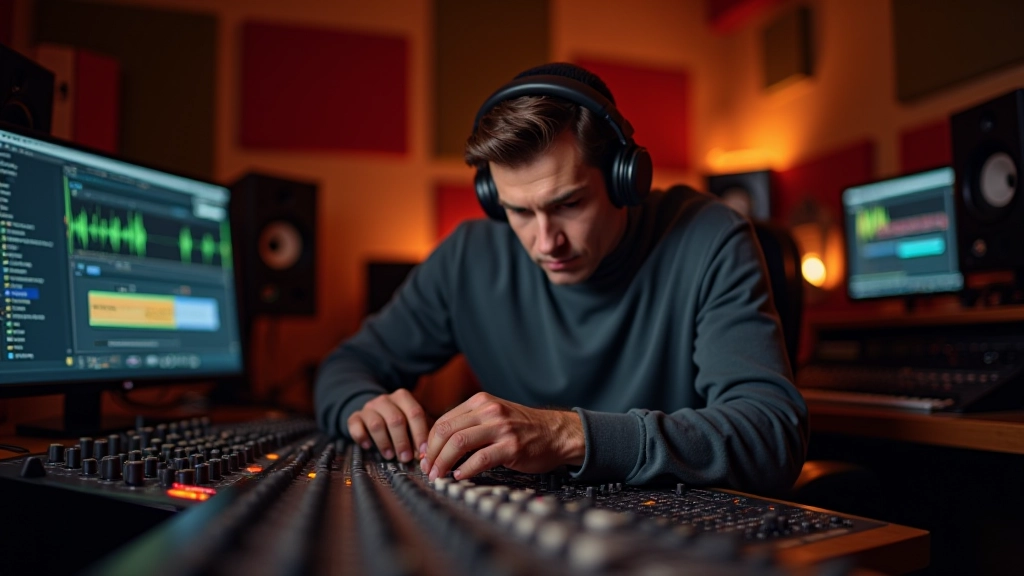 Sound engineer working in professional audio studio with mixing console and acoustic panels