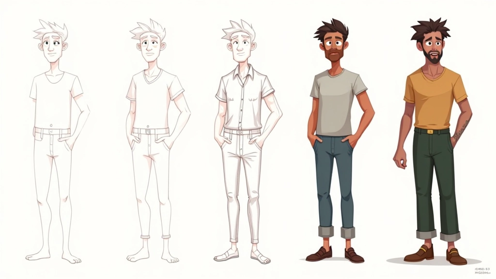 Concept art progression from rough sketches to refined character design