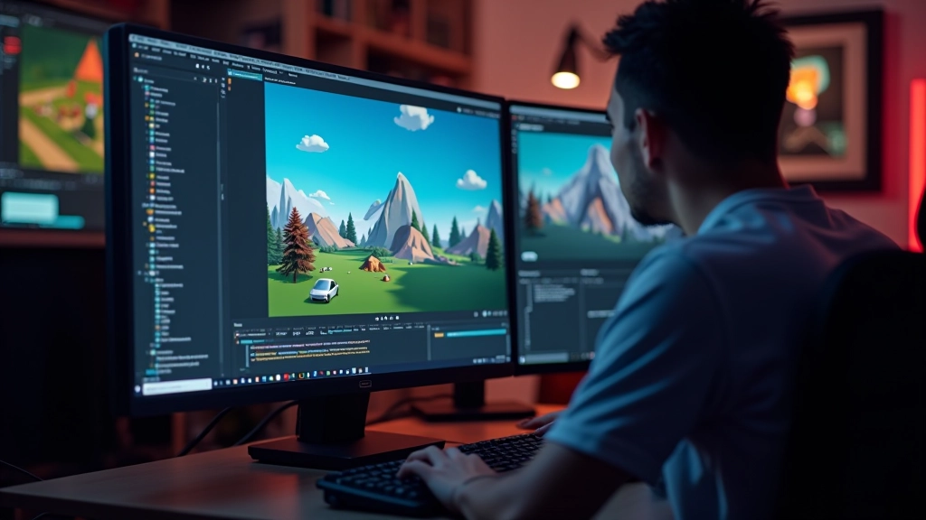 Game engine interface displayed on computer monitor showing 3D scene editor with terrain and objects