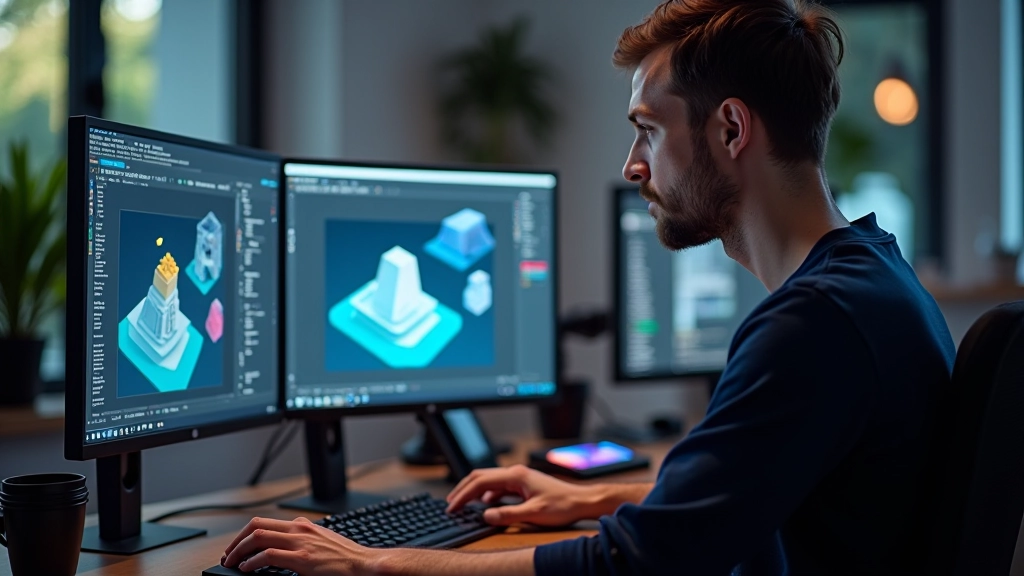 Professional game developer working at desk with multiple monitors showing game design software and 3D models