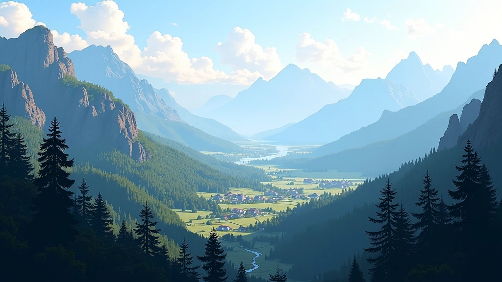 Expansive game world environment showing layered geography, vegetation, structures, and atmospheric depth