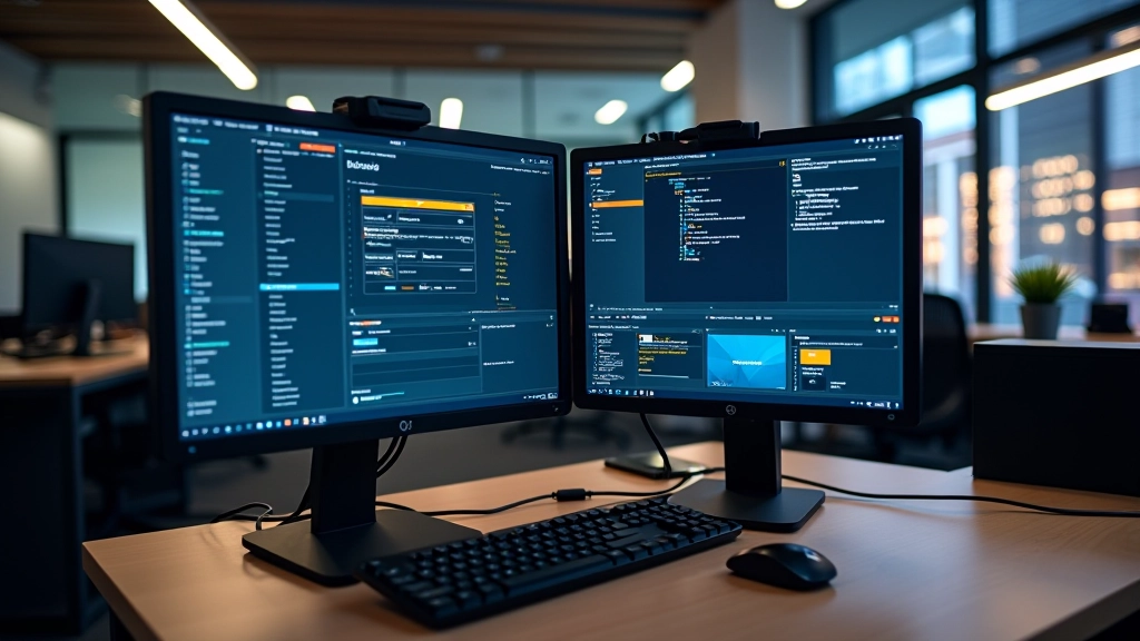 Dual monitor setup showing game engine interfaces side by side with various tools and viewport windows visible