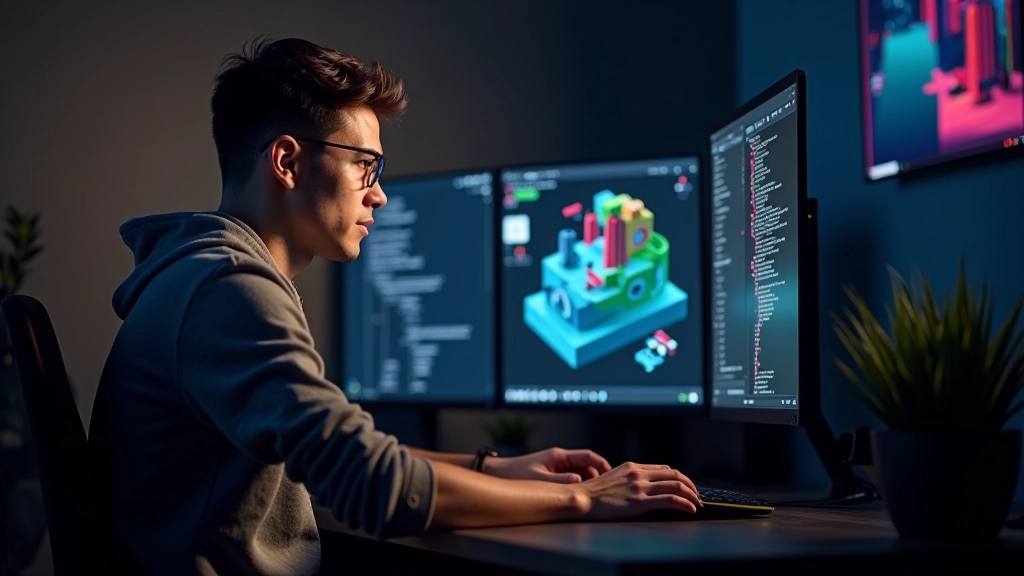 Game developer working at desk with keyboard and mouse, monitor showing Unity editor with 3D scene, focused expression