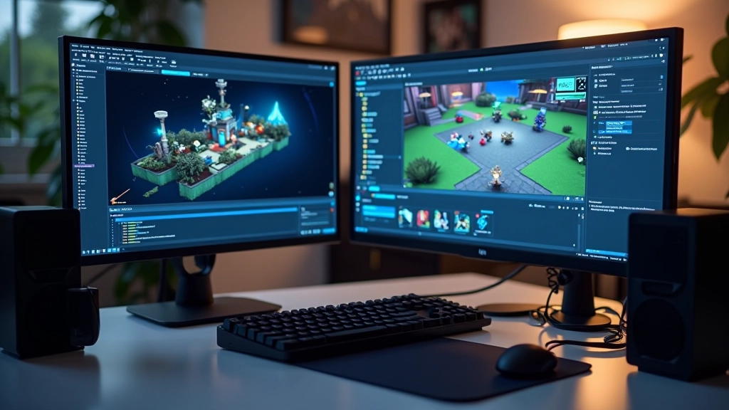 Game development workspace with multiple computer monitors displaying 3D game editor software and design tools
