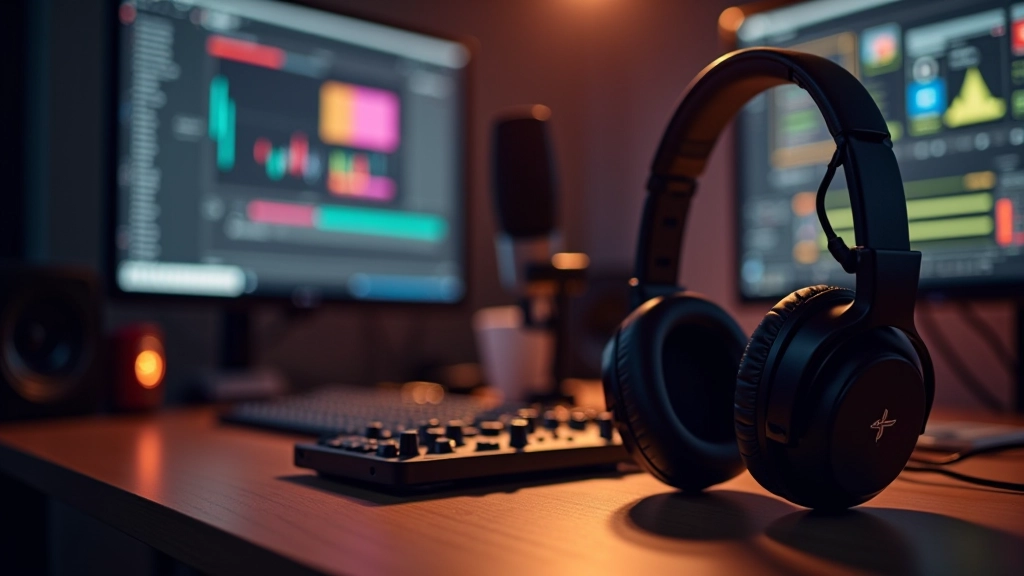 Audio production setup with microphone, preamp interface, headphones and computer running professional audio software