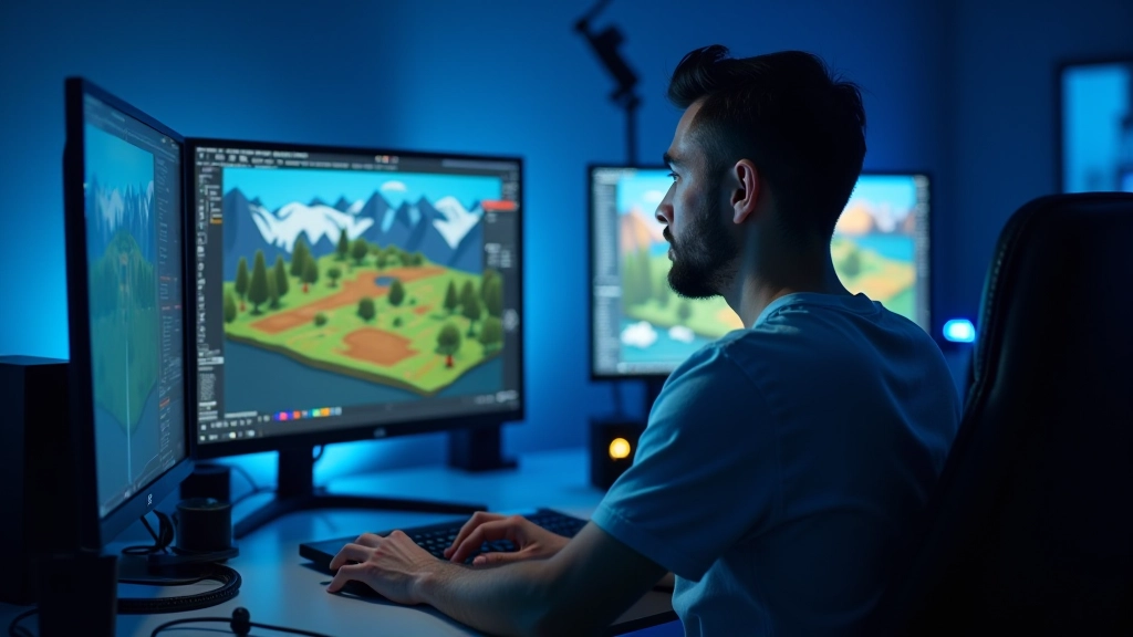 Game level designer working with digital terrain and environmental assets in development software