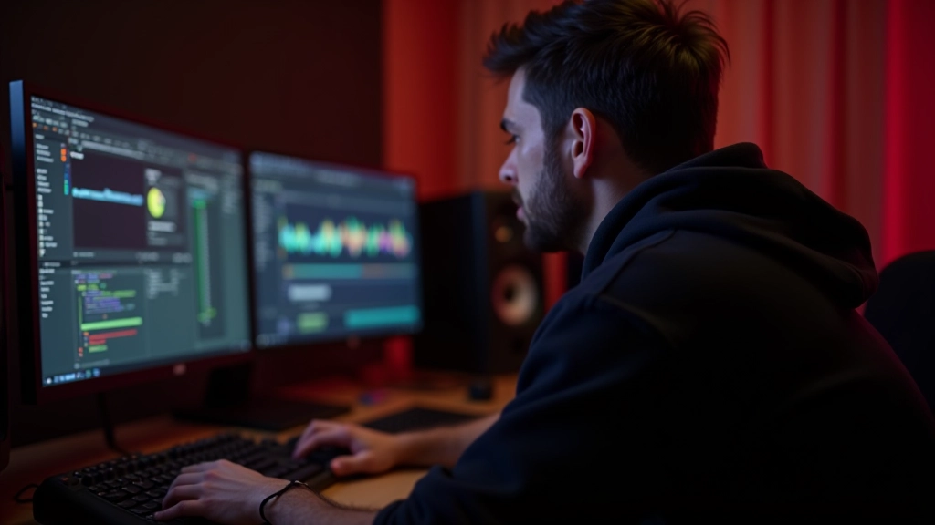 Game developer adjusting audio parameters in digital audio workstation with multiple layers visible on screen