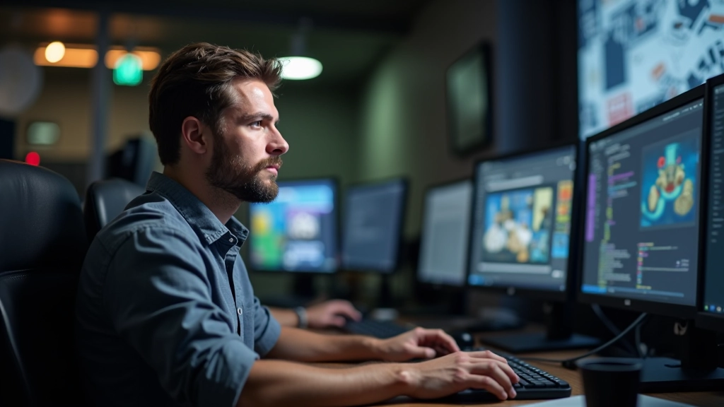 Marcus Chen working at desk with game development tools, creative workspace in modern studio, Sydney office environment