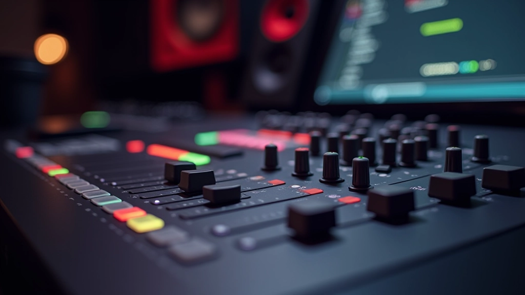 Audio mixing board with faders and knobs showing professional sound mixing setup and level management
